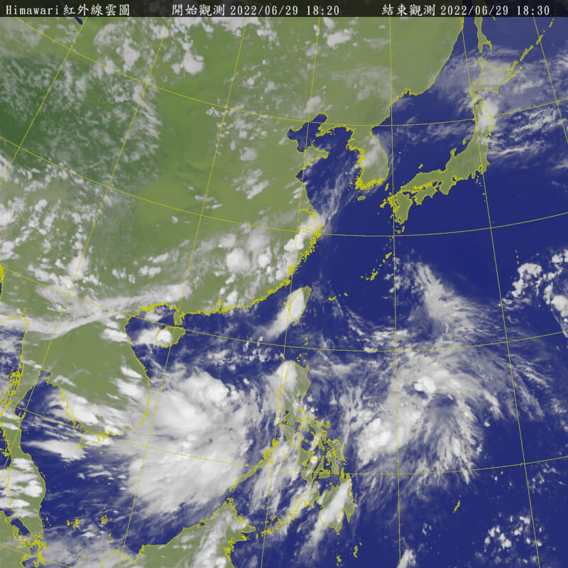 圖為29日下午6時20分衛星雲圖。(圖取自中央氣象局網頁cwb.gov.tw)