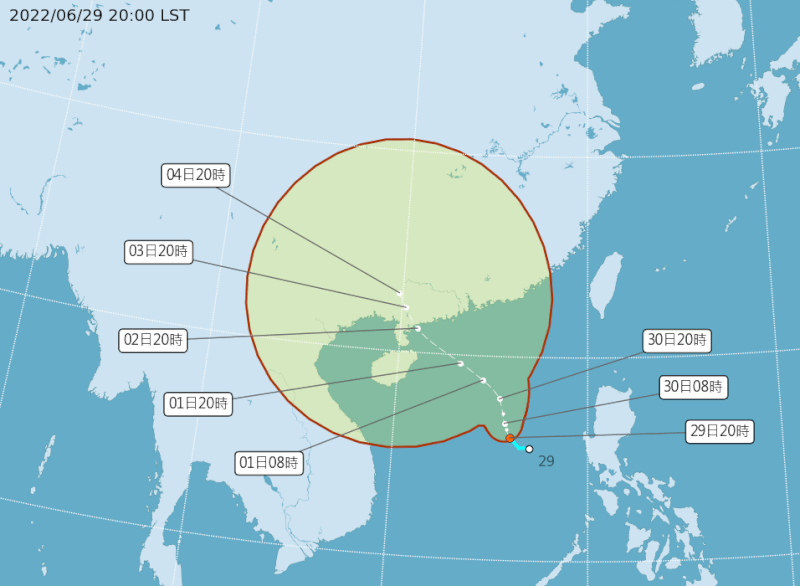 氣象局29日預估，今年第3號颱風芙蓉在24小時內有機會生成，7月1日起可能會帶來水氣、雨區由南往北遞減。（圖取自中央氣象局網頁cwb.gov.tw）