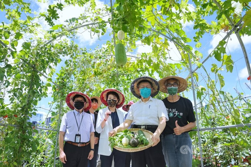台北市長柯文哲(右2)與副市長黃珊珊(左2)30日出席「東湖綠屋頂植人培訓所」分享會,體驗田園之樂,展示收穫的蔬果。中央社記者王飛華攝 111年6月30日