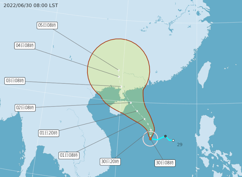 中央氣象局30日發布颱風芙蓉生成訊息，將往海南島、香港方向移動。圖為颱風路徑潛勢預報圖。（圖取自氣象局網頁cwb.gov.tw）