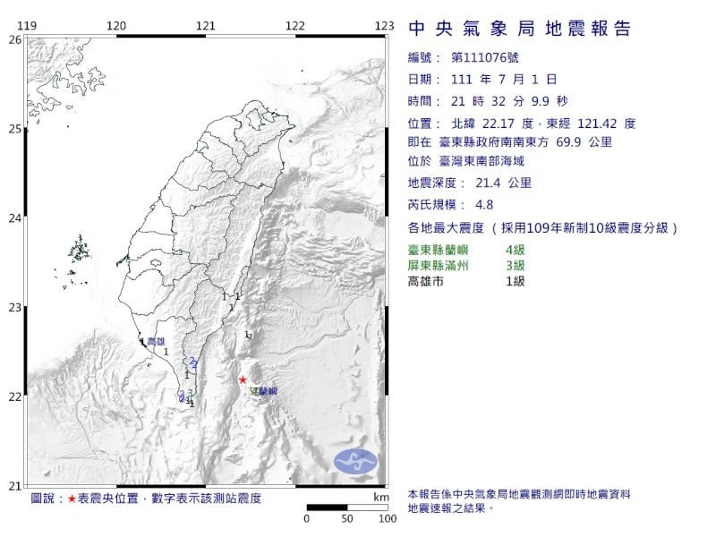 根據中央氣象局最新資訊，1日晚間9時32分台灣東南部發生芮氏規模4.8地震。（圖取自中央氣象局網頁cwb.gov.tw）