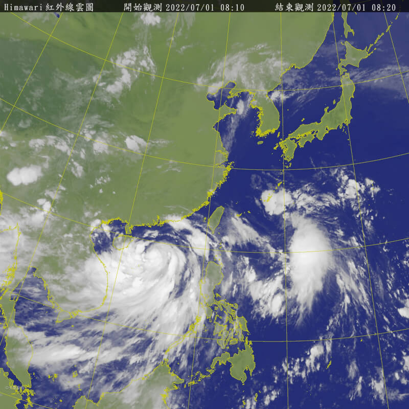 圖為1日上午8時10分紅外線雲圖。(圖取自中央氣象局網頁cwb.gov.tw)