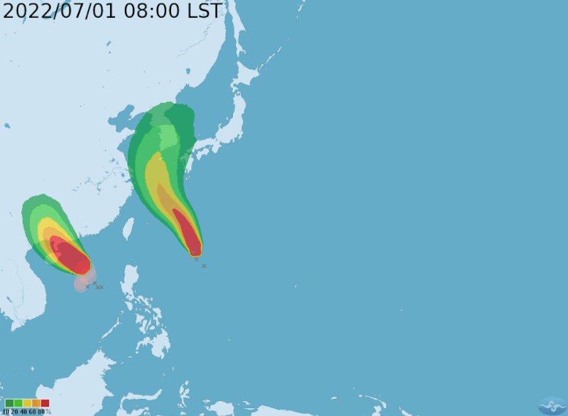 芙蓉（左）、艾利（右）暴風圈侵襲機率圖。（圖取自中央氣象局網頁cwb.gov.tw）