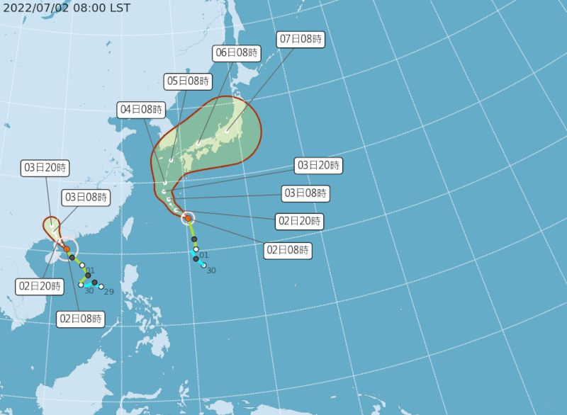 圖為颱風芙蓉、艾利路徑潛勢預報圖。(圖取自中央氣象局網頁cwb.gov.tw)