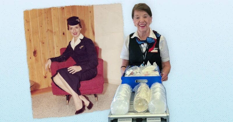 86歲美國航空公司空姐奈許是世界年齡最大、服勤時間最長的空服員，美國航空公司公布她年輕時與現在的照片。（圖取自facebook.com/AmericanAirlines）