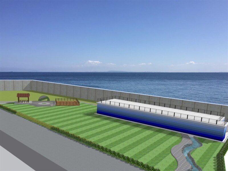 屏東琉球鄉「大福聚落式污水處理設施」4日動土,設計日處理量為1300公噸,處理流程包括沉砂除油、調勻、好氧曝氣、沉砂後再放流。圖為示意圖。(屏東縣政府提供)中央社記者曾以寧傳真 111年7月4日