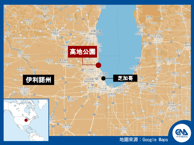 高地公園位於芝加哥市中心北方約40公里。（中央社製圖）