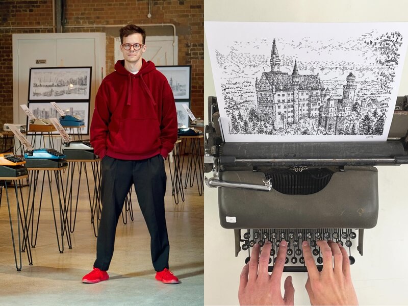 25歲庫克（左）在倫敦有個工作室，內部可見打字機和藝術作品圍繞在他身旁，他用符號和字母創作，不論是好萊塢巨星或景物照都難不倒他。（圖取自facebook.com/jamescookartwork）