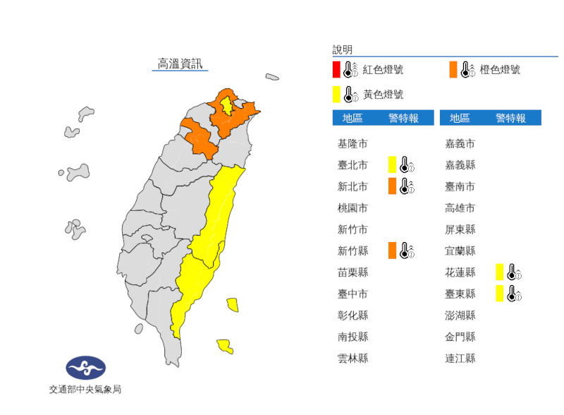中央氣象局6日發布高溫資訊,中午前後新北市、新竹縣地區為橙色燈號;台北市、台東縣地區、花蓮縣縱谷為黃色燈號。(圖取自氣象局網頁cwb.gov.tw)