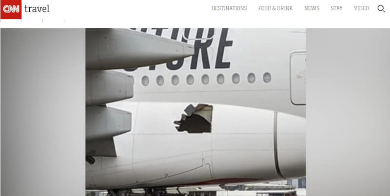 CNN報導，日前搭乘阿聯酋航空一架班機飛往澳洲布里斯本的乘客下飛機後發現，機身側面竟然破了一個大洞。（圖取自CNN新聞網頁cnn.com）