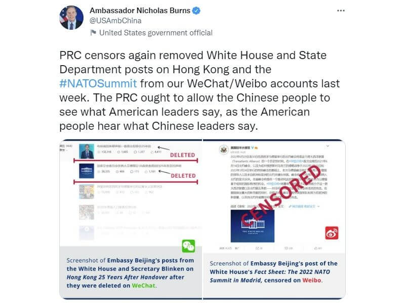 美國駐中國大使勃恩斯6日指出，大使館上週在微信、微博發表有關香港及烏克蘭的3篇貼文被網管刪除。（圖取自twitter.com/USAmbChina）