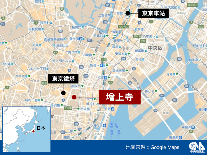 在奈良遇刺身亡的日本前首相安倍晉三的遺體，11日運往東京增上寺。（中央社製圖）