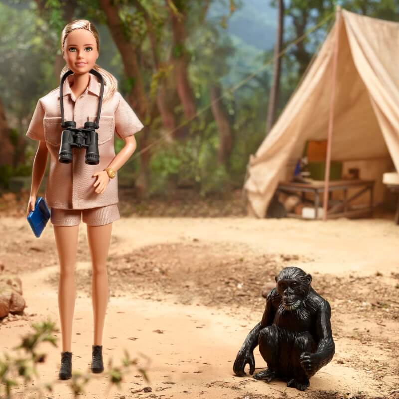以珍古德為原型的芭比娃娃（左）穿著卡其色上衣與短褲，手拿筆記本，脖上掛著一副望遠鏡，身旁還有名為「白鬍大衛」的黑猩猩。（圖取自美泰兒網頁creations.mattel.com）