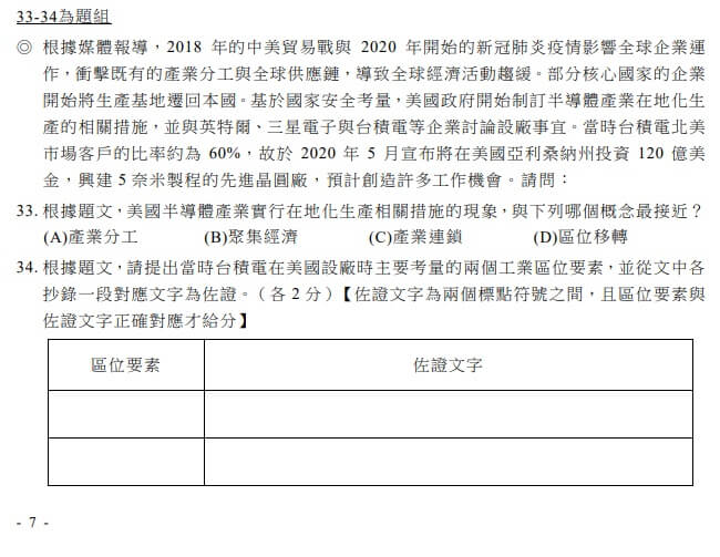 分科測驗地理出現不少時事題，如台積電在美國設廠。（圖取自大考中心網頁ceec.edu.tw）