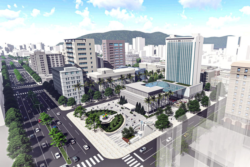 位於高雄市中正路的「高雄舊市議會」經多年閒置,市府啟動公辦都更暨招商,規劃融合改造新舊建物,延續既有建物歷史,也串接週遭金融新創產業,盼成首例以文化歷史為基底的都更。圖為示意圖。(高雄市政府提供)中央社記者曾以寧傳真 111年7月15日