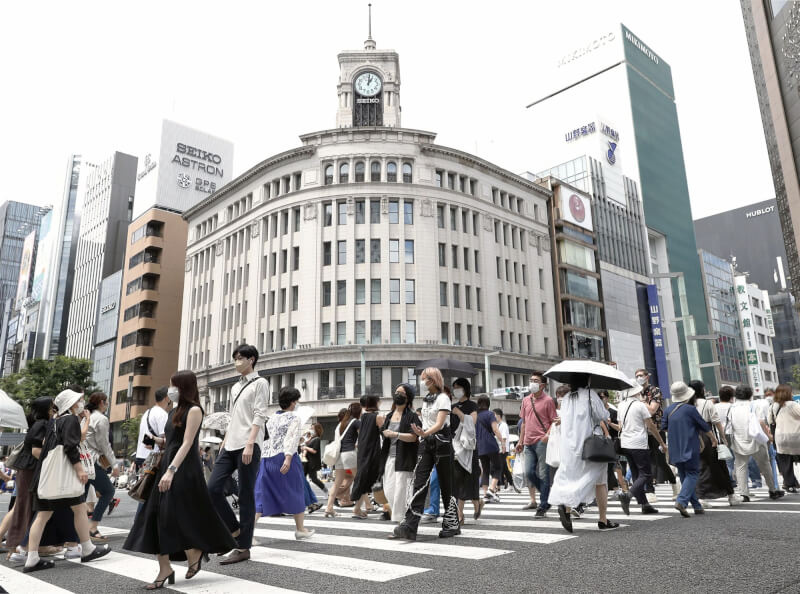 日本近日疫情快速擴散，東京17日新增1萬7790例，連續6天單日新增逾萬例。圖為銀座17日街頭來往人潮。（共同社）