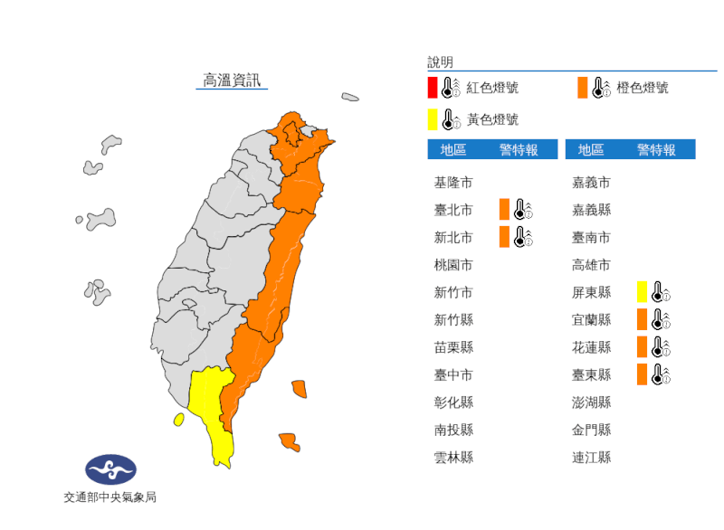 中央氣象局19日發布高溫資訊,雙北、宜蘭縣、台東縣地區,花蓮縣縱谷為橙色燈號,屏東縣近山區或河谷為黃色燈號。(圖取自中央氣象局網頁cwb.gov.tw)