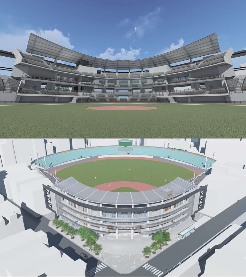 超過45年歷史的新竹市立棒球場2019年展開原址重建工程,圖為完工模擬圖。(新竹市政府提供)