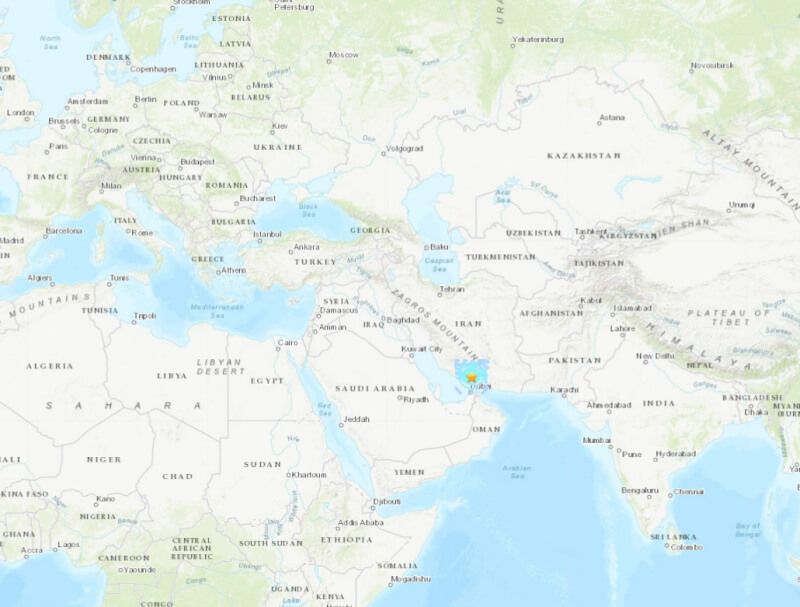伊朗一名官員表示，南部省份霍爾木茲甘23日發生兩起規模超過5.5的強震。（圖取自美國地質調查局網頁earthquake.usgs.gov）
