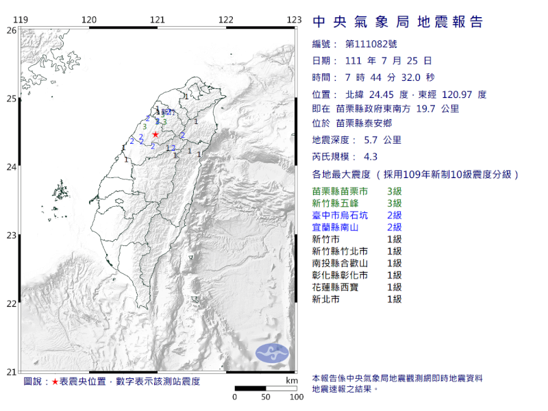 苗栗縣泰安鄉25日上午7時44分發生芮氏規模4.3地震。（圖取自中央氣象局網頁cwb.gov.tw）