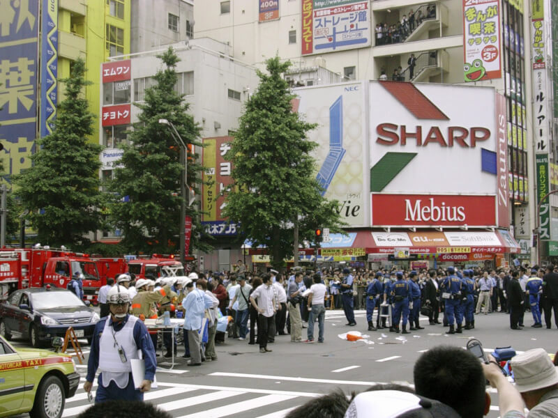日本男子加藤智大2008年6月在東京秋葉持刀殺害7人，2022年7月26日被處決。圖為事發現場。（共同社）