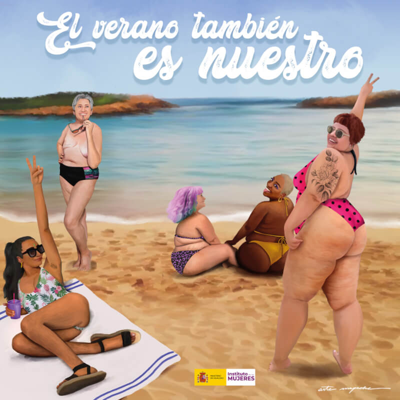 西班牙平等部發布的活動宣傳海報上有5位不同年紀、體型和膚色，在海灘身穿泳裝的女性。（圖取自twitter.com/IgualdadGob）