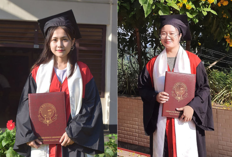 在印度推展多年的台灣華語文獎學金，今年首次頒發給來自印度東北地區的原民部落女學生，兩人為阿薩姆鮑思高大學的紀珠（左）和特隆畢。（紀珠、特隆畢提供）中央社記者林行健新德里傳真 111年7月29日
