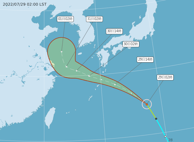 颱風桑達29日清晨2時位於台北東方1610公里海面上，以西北西方向朝東海前進。（圖取自中央氣象局網頁cwb.gov.tw）