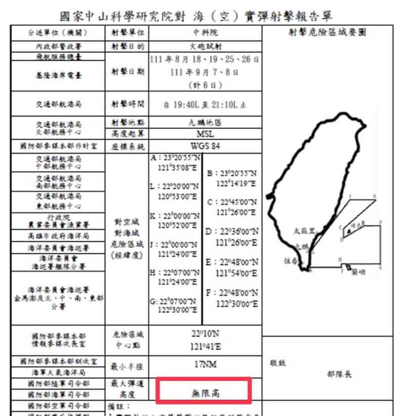 漁業署公告中科院8月將有多次火砲試射,其中18、19日及25、26日的試射最大彈道高度顯示為無限高,研判應是中長程飛彈。(取自漁業署公告)中央社記者盧太城台東傳真 111年7月30日