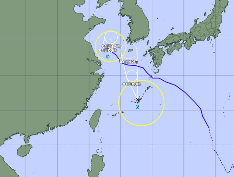 第6號颱風翠絲將往北朝韓國方向移動，對台灣沒有直接影響。（圖取自日本氣象廳網頁www.jma.go.jp）