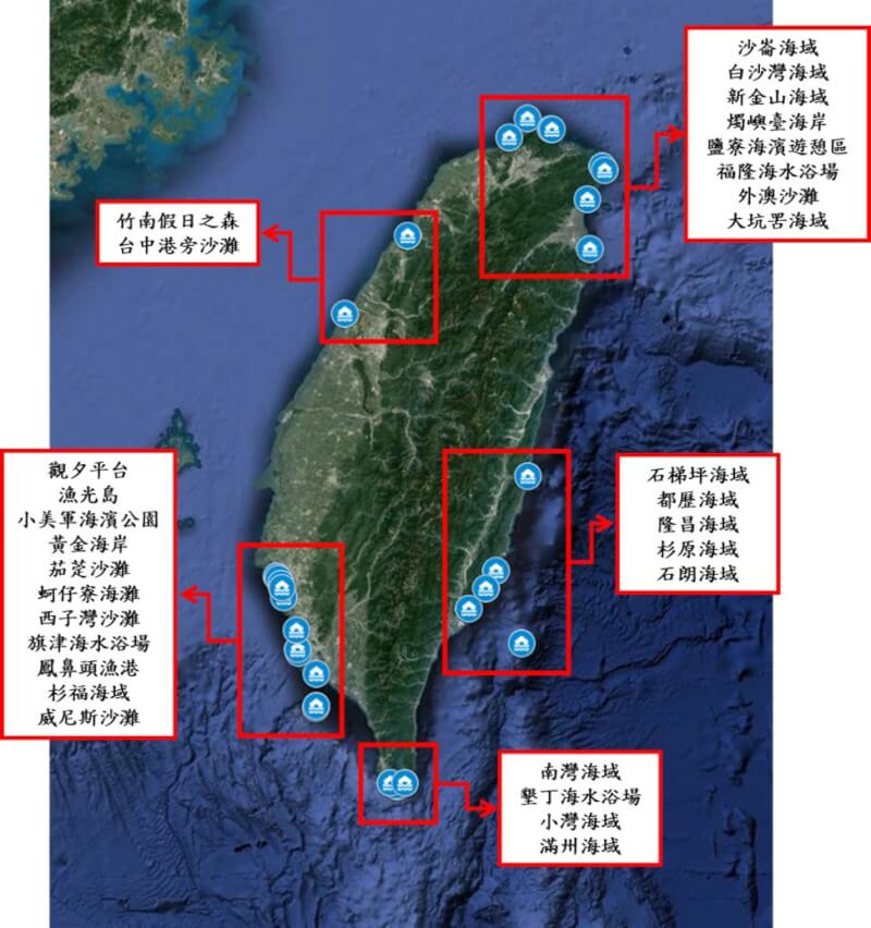 成功大學近海水文中心研究可能造成海邊戲水意外的海岸裂流(離岸流),在知名度較高的海域中發現超過30個熱區。(成大近海水文中心提供)中央社記者楊思瑞台南傳真 111年8月1日