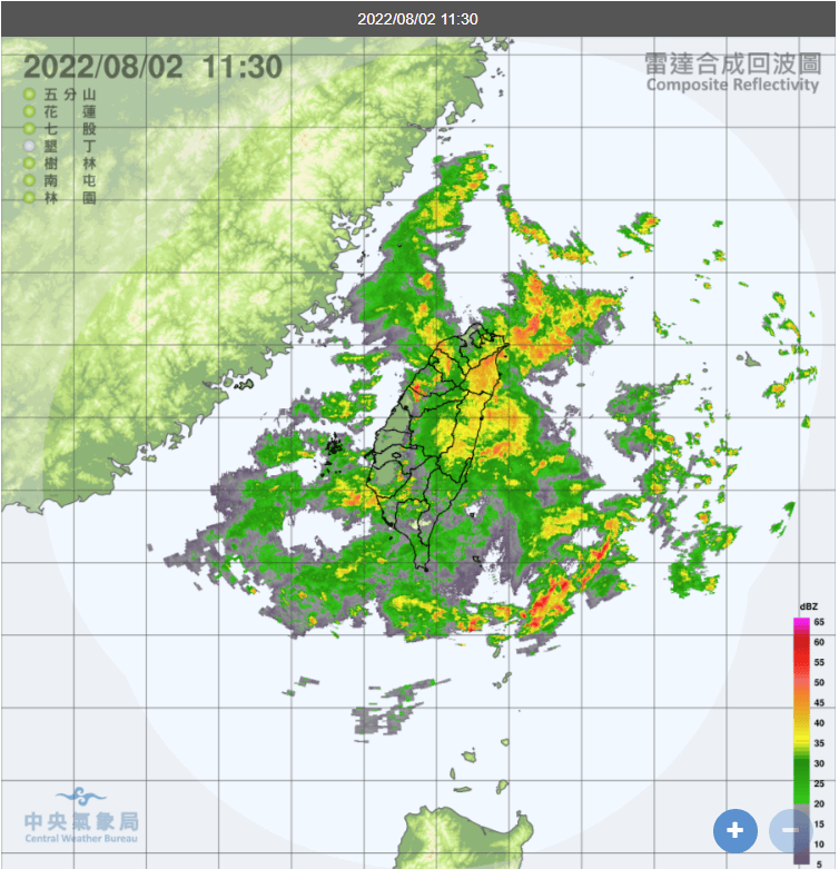 圖為2日上午11時30分台灣附近雷達回波圖。(圖取自氣象局網頁cwb.gov.tw)