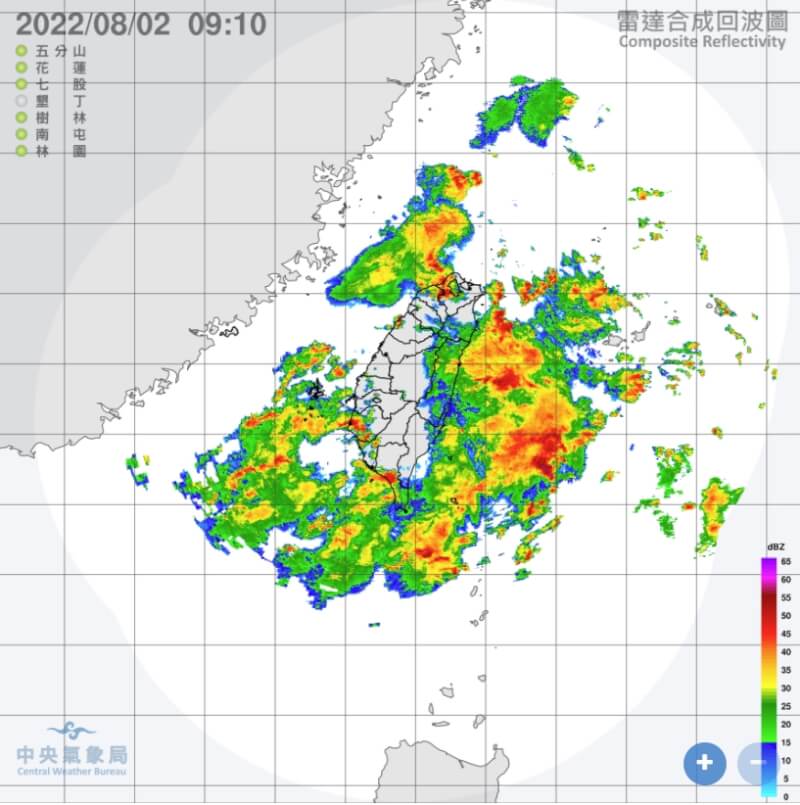 圖為2日上午9時10分台灣附近雷達回波圖。(圖取自氣象局網頁cwb.gov.tw)