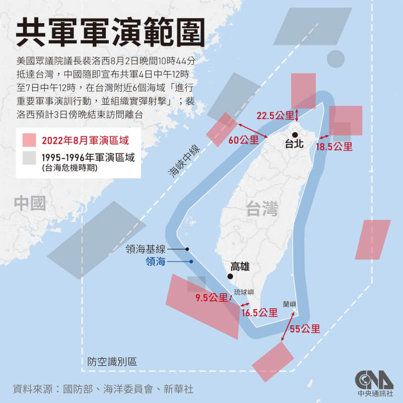 共軍2日晚間11時宣布4日中午12時至7日中午12時，在台灣東西南北周邊共6個海域軍演射擊。（中央社製圖）