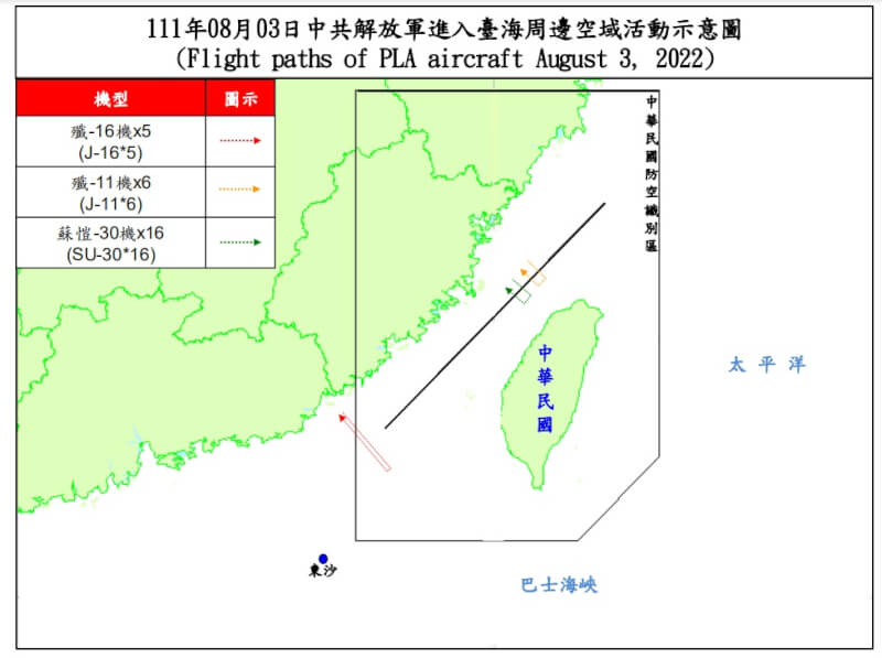 空軍3日發布共機動態，27架戰機（5架殲16、6架殲11、16架蘇愷30）侵擾台灣防空識別區。（圖取自國防部網頁mnd.gov.tw）