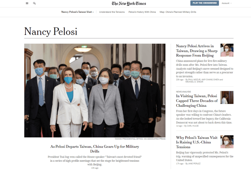 美國眾議院議長裴洛西不畏北京威脅訪台，紐約時報、華盛頓郵報等美國媒體關注北京後續反應，特別是共軍本週在台灣周邊海域的實彈演習。（圖取自紐約時報網頁nytimes.com）