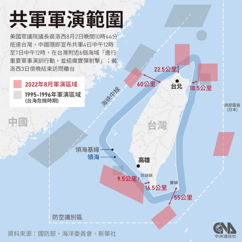 共軍宣布4日中午12時至7日中午12時,在台灣東西南北周邊共6個海域軍演射擊。(中央社製圖)