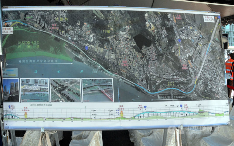 行政院長蘇貞昌6日赴淡水視察「淡北道路」相關規畫時表示,政院即將核定地方爭取26年的淡北道路計畫,也盼能繼續闢建新關渡橋,完成地區完整路網最後一哩路。圖為淡北道路計畫路線圖。中央社記者黃旭昇新北市攝 111年8月6日
