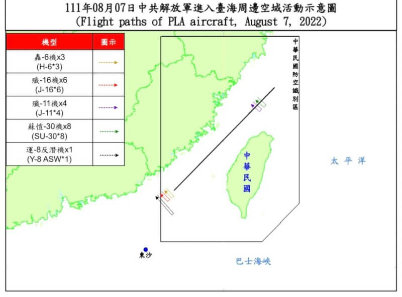 國防部公布7日中共軍演情況，截至傍晚5時止，偵獲共機22架次逾越海峽中線及其延伸線進入西南空域。（圖取自國防部網頁mnd.gov.tw）