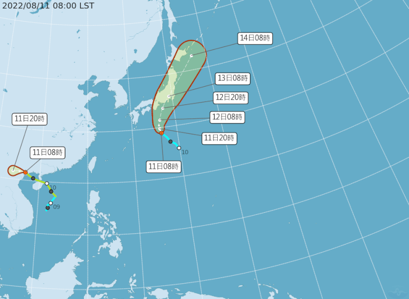 氣象專家吳德榮表示，颱風木蘭（左）往西北西走，預計將減弱為熱帶性低氣壓，而位於日本南方海面的熱帶性低氣壓（右）預計11日增強為颱風米雷。（圖取自氣象局網頁cwb.gov.tw）