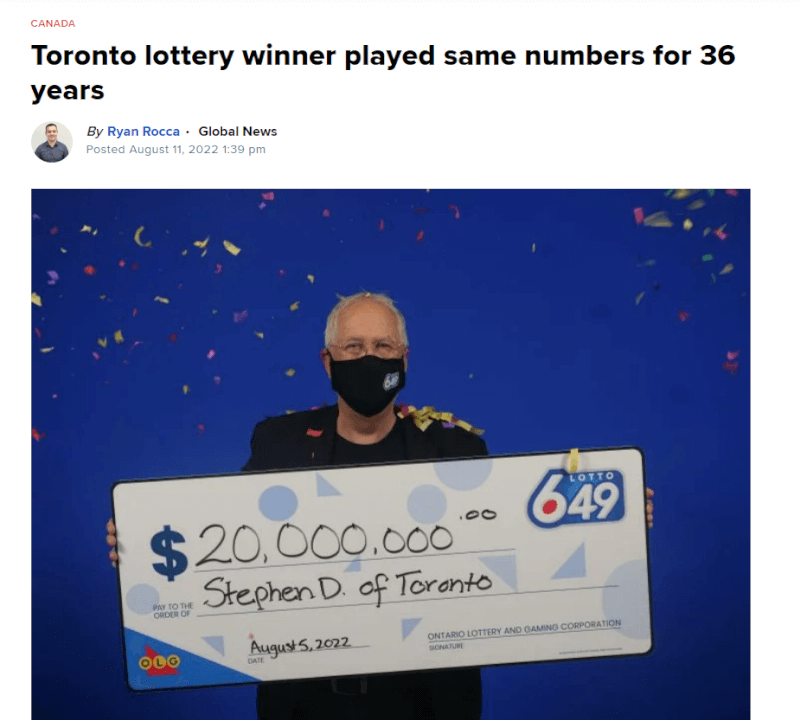 加拿大一名70歲男子36年來都用同組號碼簽樂透，結果中了4.7億元大獎。（圖取自環球新聞網頁globalnews.ca）