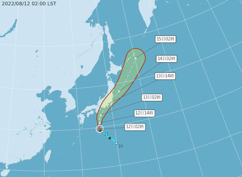 日本南方海面熱帶性低氣壓於12日清晨2時生成為第8號輕度颱風米雷，對台灣天氣無影響。（圖取自中央氣象局網頁cwb.gov.tw）