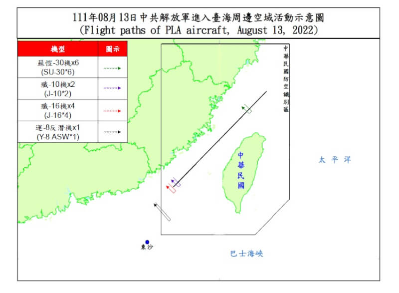 國防部13日表示，統計截至下午5時止，共機逾越海峽中線及其延伸線進入西南空域13架次。（圖取自國防部網頁mnd.gov.tw）