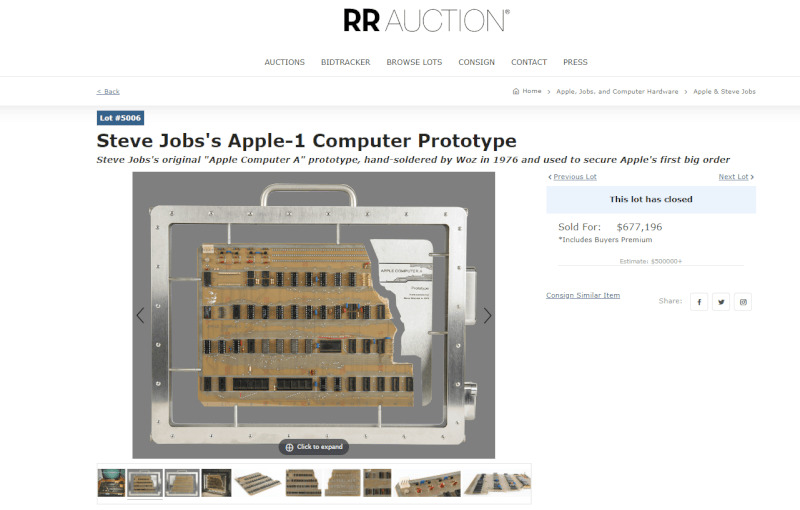 初代蘋果電腦Apple-1原型機以約新台幣2108萬元的價格在拍賣會上售出。（圖取自RR Auction網頁rrauction.com）