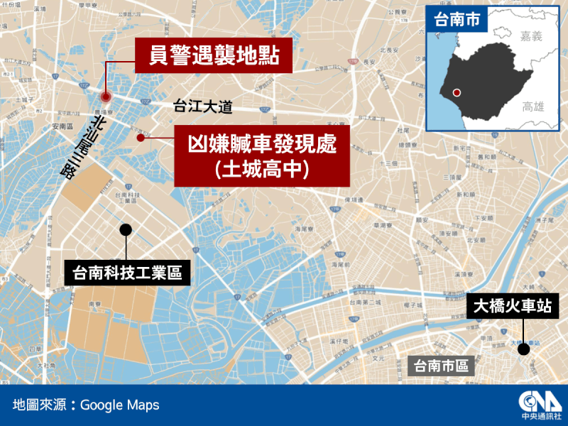 台南市安南區北汕尾三路22日發生襲警案，2名員警殉職。（中央社製圖）