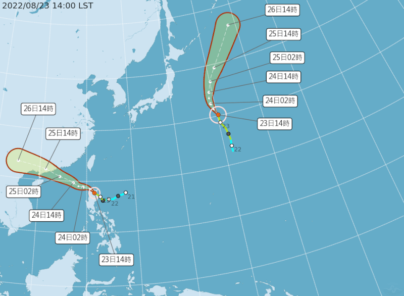 受颱風馬鞍（左）外圍環流影響，23日至24日東南部、恆春半島要防豪雨。（圖取自中央氣象局網頁cwb.gov.tw）