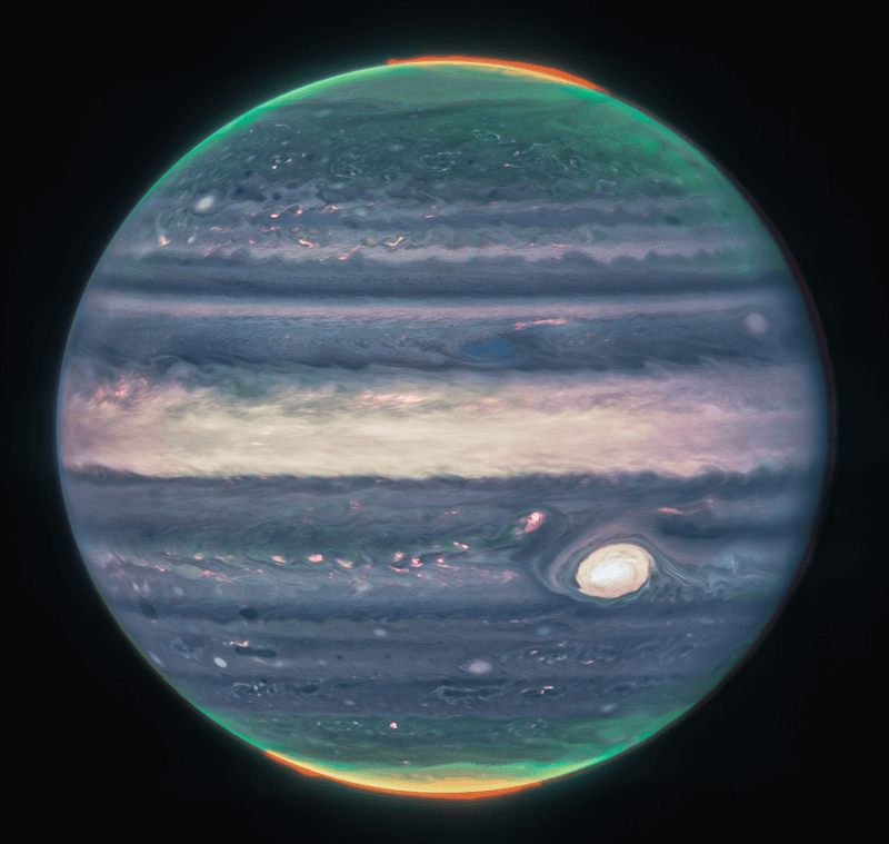 NASA的韋伯太空望遠鏡拍到壯麗的木星影像。（圖取自NASA網頁blogs.nasa.gov）