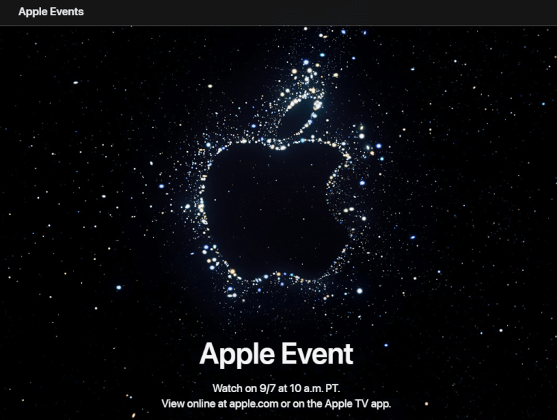 蘋果公司宣布，將於台灣時間9月8日凌晨1時舉辦線上特別活動，主視覺為許多不同顏色光點附著在蘋果圖案上，可能暗示新機顏色更繽紛。（圖取自蘋果公司網頁apple.com）