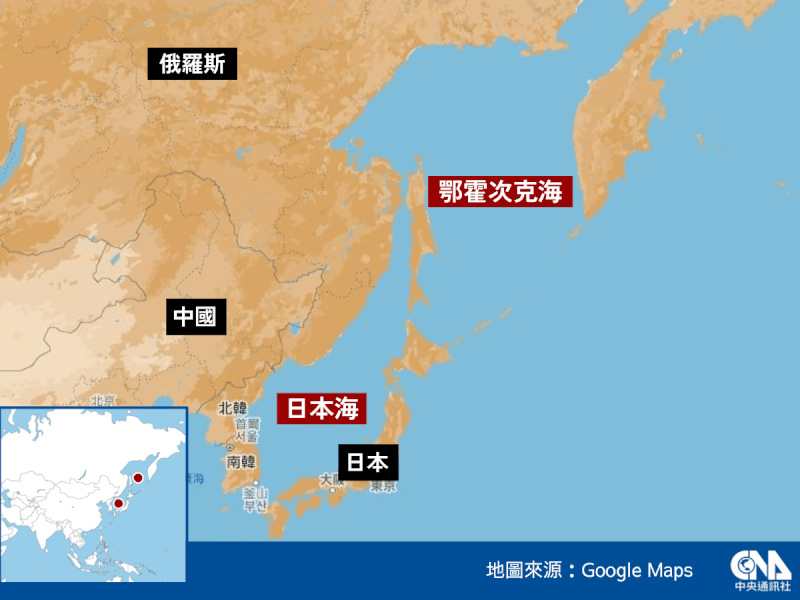 「東方-2022」聯合軍演地點包含鄂霍次克海和日本海海域。（中央社製圖）