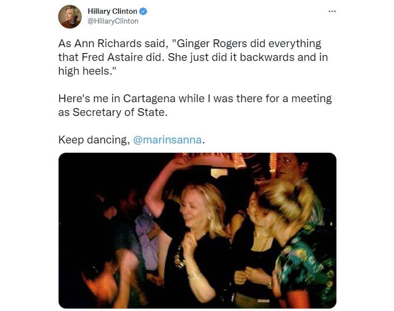希拉蕊貼出2012年擔任美國國務卿時在一個俱樂部內跳舞的照片，聲援陷入派對爭議的芬蘭總理馬林。（圖取自twitter.com/HillaryClinton）